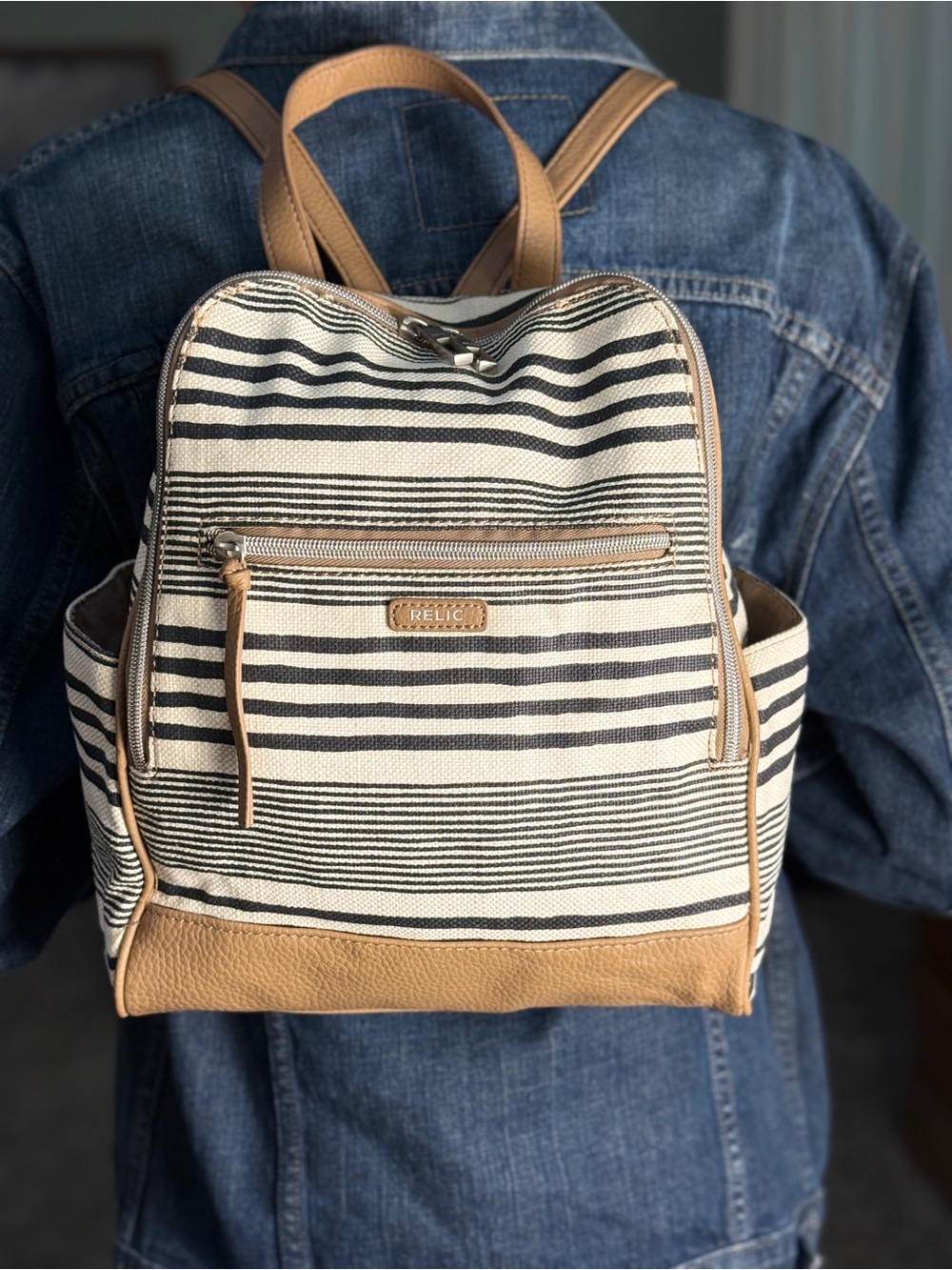 Relic Striped Black & Cream Canvas Backpack Purse with Tan Trim - EUC